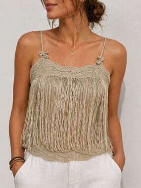 Fringe Crochet Tank Top in Beige